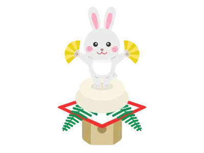 鏡餅の上にのったウサギのキャラクターのイラスト