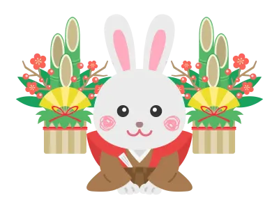 着物を着て新年の挨拶をするウサギのキャラクターのイラスト