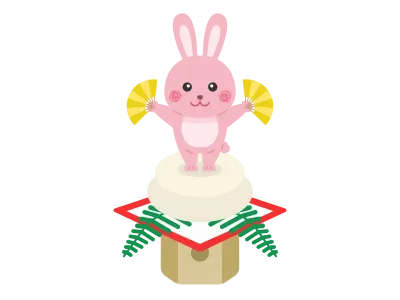 鏡餅の上にのったウサギのキャラクターのイラスト