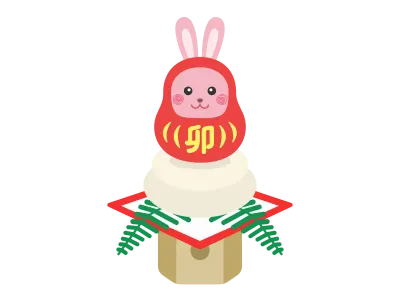鏡餅の上にのったウサギのキャラクターのイラスト