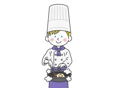 フライパンで調理する白人の男性シェフのイラスト