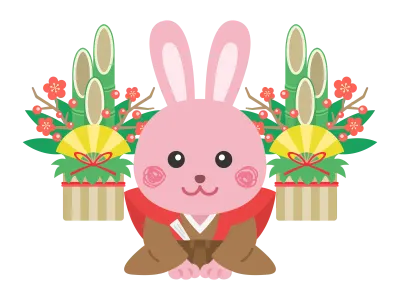 着物を着て新年の挨拶をするウサギのキャラクターのイラスト