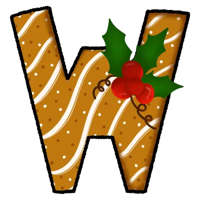 Letter w christmas cookie and snow pattern and decorated with holly