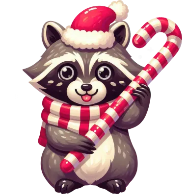 festival raccoon holding candy cane isolated on white background
