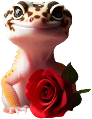 A leopard gecko standing upright with a shy but happy expression, holding a rose in its mouth (1) (1