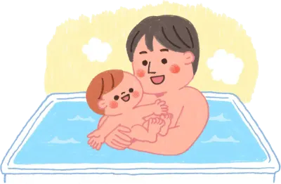 色鉛筆で描いた赤ちゃんをお風呂に入れるお父さんのイラスト
