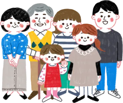 色鉛筆で描いた三世代家族のイラスト