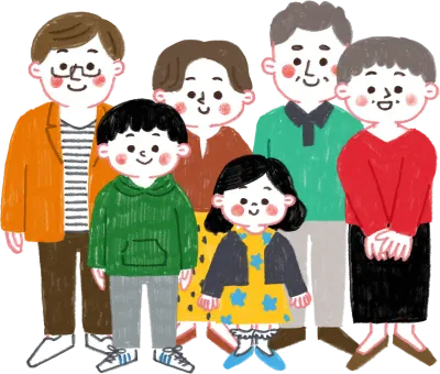 色鉛筆で描いた三世代家族のイラスト