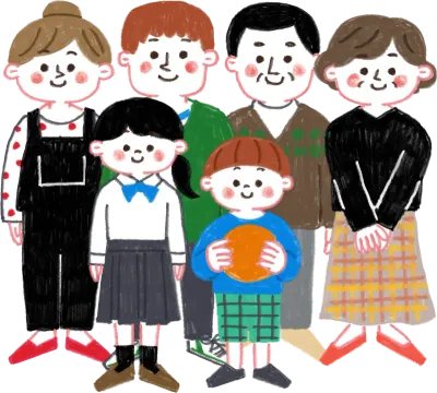 色鉛筆で描いた三世代家族のイラスト