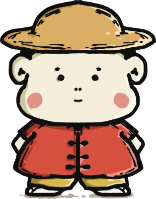 Illustration of a boy wearing traditional Chinese clothing and a straw hat
