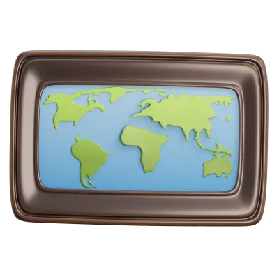 World map in dark wooden frame, modern 3D cute cartoon decorative object for travel, globalization