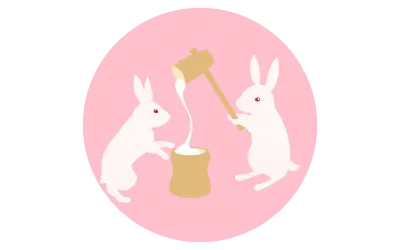 Rabbit making rice cakes using a pestle and mortar, stretching rice cakes, pink round icons