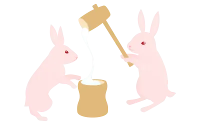 Rabbit using a pestle and mortar to make rice cakes  rice cakes that stretch