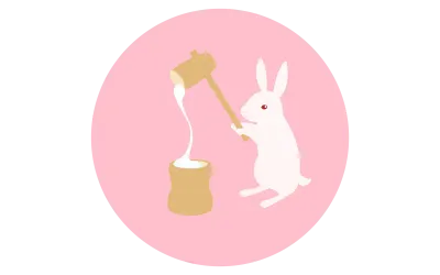 Rabbit making rice cakes using a pestle and mortar, stretching rice cakes, pink round icons