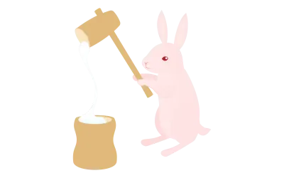 Rabbit using a pestle and mortar to make rice cakes  rice cakes that stretch