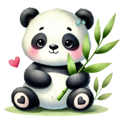 Adorable Panda with Bamboo and Heart - Cute Kawaii Panda Art