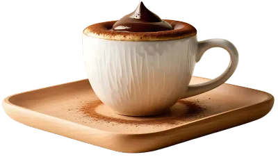 White Ceramic Cup of Mocha with Rich Chocolate Foam and Cocoa Powder on Wooden Tray