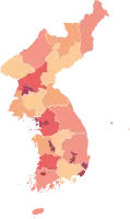 7.KOREAN PENINSULA. 빨간색  계열로 도 별 경계선이 표시된 한반도 지도.