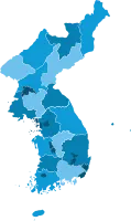 9.KOREAN PENINSULA. 파란색 계열로 도 별 경계선을 표시한 한반도 지도.
