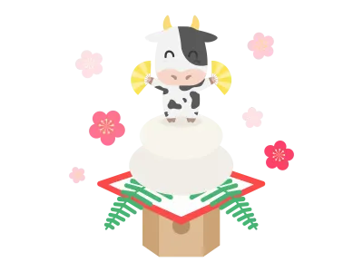 鏡餅にのった牛のキャラクターのイラスト
