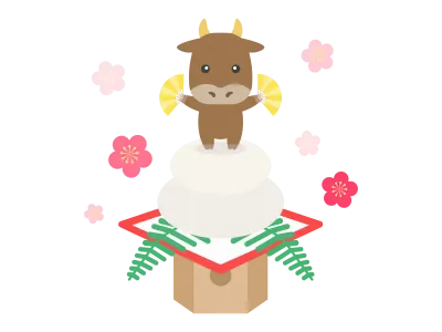 鏡餅にのった牛のキャラクターのイラスト