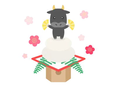 鏡餅にのった牛のキャラクターのイラスト