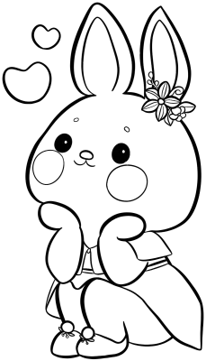 Line Art Illustration of a Cute Rabbit Wearing a Dress and Shoes, Surrounded by Heart Bubbles