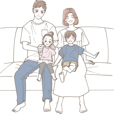 ソファに座っている四人の家族のイラスト