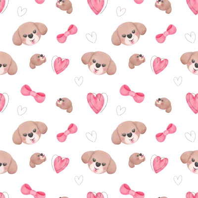 Seamless Pattern Shih Tzu Dog Cartoon in Watercolor with bow and heart