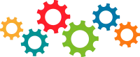 Five connected gear wheels icon in trendy flat style. Colorful illustrations design suitable for