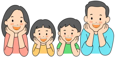 꽃받침 포즈로 나란히 앉아있는 화목한 4인 가족 캐릭터 일러스트
