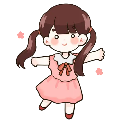 Cartoon of a girl in a pink dress with brown sheep hair tied up