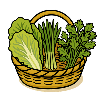 Basket of mixed vegetables including napa cabbage, green onions, and cilantro. Perfect for food and