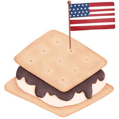 Smores with melted chocolate and marshmallows, graham cracker sandwich with American flag