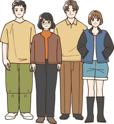 アニメ風の中年夫婦と大人になった子供がいる世帯のイラスト