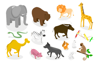 3D Isometric Flat  Set of Zoo Animals, WildLife Collection