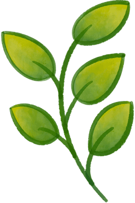 A 2D watercolor-style illustration of a green leafy branch with a soft, organic look