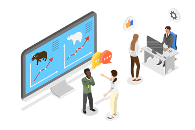 3D Isometric Flat  Illustration of Traders Analysing Global Market , Bears and Bulls