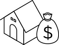 House and money bag showing mortgage simple line drawing icon, isometric illustration of housing loa