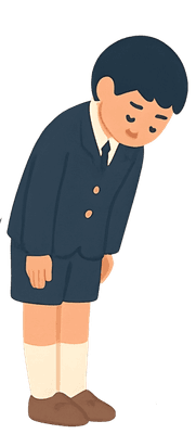 A cartoon-style Japanese schoolboy in uniform is respectfully bowing forward with closed eyes and a