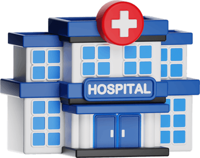 Hospital building with red cross symbol providing healthcare services
