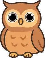 The image shows a cute cartoon owl with large round eyes, a small beak, and simple brown and orange
