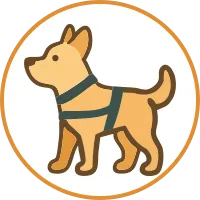 A guide dog icon in a harness symbolizing assistance to people with visual impairments.