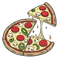 A delicious pizza with melted cheese, tomato sauce, and colorful toppings like mushroom