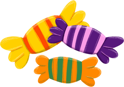 A colorful illustration of three wrapped candies with horizontal stripes