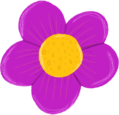 A simple and colorful hand-drawn flower illustration with five purple petals and a bright yellow cen