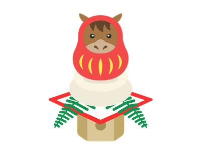 鏡餅にのせた達磨の衣装を着た馬のキャラクターのイラスト