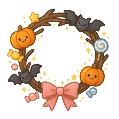 Kawaii Halloween Wreath PNG  Chibi Twig Wreath with Pumpkins, Bats and Candy