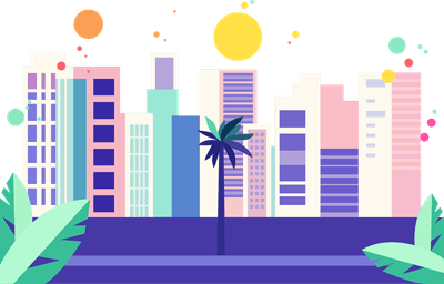 Vibrant cityscape with colorful buildings, a palm tree, and a bright orange sky with a sun