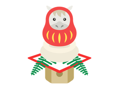 餅にのせた達磨の衣装を着た白馬のキャラクターのイラスト